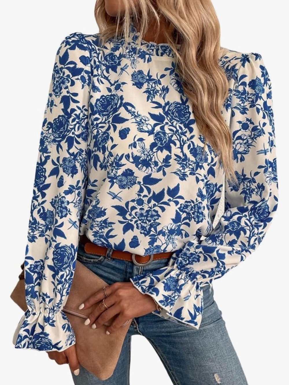 SHEIN Blue Floral Long-Sleeve Ruffle Cuff Blouse